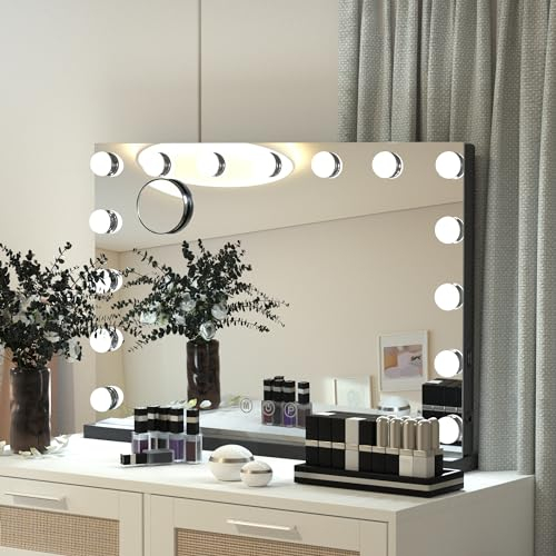 YU YUSING Hollywood Schminkspiegel mit Beleuchtung, 15 Dimmbare LED Licht, Vanity Spiegel mit 3 Farbtemperatur Licht, Touch Control, Tischspiegel Wandspiegel für Schlafzimmer Schminktisch (Schwarz)