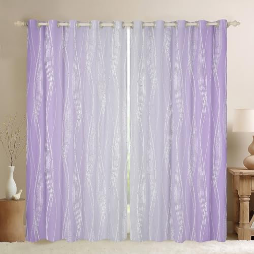 Homewish Lilac And Greyish White Window Curtains 46 Wx72 L Abstract Lavender Ombre Curtains For Bedroom Living Room Gradient Violet Drapes, Geometric Wavy Stripe Decor 2 Panels