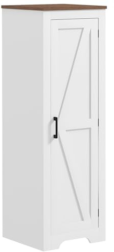 HOMCOM Farmhouse Storage Cabinet with Adjustable Shelf, Single Barn Door Small Bathroom Storage Cabinet for Living Room, Floor Pantry Cabinet, White