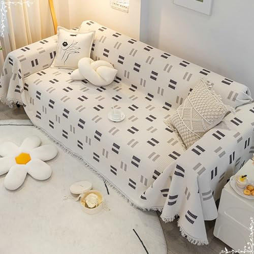 AMDXD Sofa Überwurfdecke, Geometrische Muster Muster mit Quaste Sofaüberwurf Decke, rutschfeste Sofaschoner in 30% Baumwolle 70% Polyester Möbelschutz-Sofabezüge - 180x380CM, Schwarz Grau
