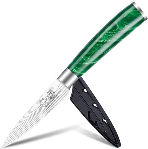 XYJ Coltello da cucina, coltello da parere da 3,5 pollici con copertura, acciaio inossidabile, lama affilata modello Laser Damascus, coltello da frutta per cucina e campeggio all'aperto