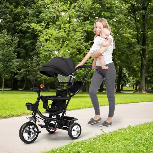 Tricycle 4 en 1 pour Enfants de 12 Mois à 5 Ans, avec Toit Pare-Soleil Amovible et Barre de poussée, Jogger, fenêtre de Toit, Sangles de sécurité, Rotatif 360°, Noir