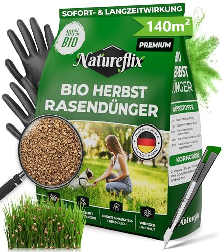 Natureflix BIO Herbstrasendünger mit Langzeitwirkung | Frost- & Winter-Rundumschutz| Organischer Rasendünger Bio | (Körnung 1-4mm) Herbstdünger Rasen | Sicher für Kind & Tier (5kg für 140m²)