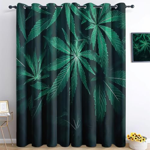 CozyRest Blickdichte Vorhänge mit Druck, Dunkelgrüne Cannabisblätter Vorhänge Thermo Wanddekoration, Verdunkelungsvorhänge für Schlafzimmer, 160 x 70 cm x 2 Schiebevorhänge