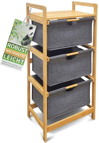 HEIMWERT Wäschekorb Regal 3 Fächer - Stabiler Wäschesortierer aus Bambus Holz - Wäschesammler 44 x 34,5 x 96 cm groß für Badezimmer und Schlafzimmer I Wäsche Organizer mit Textil Korb (Platingrau)