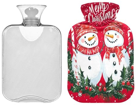 JUMBEAR Niedliche Wärmflaschen mit Weihnachtsschneemann, mit weichem Bezug, Schmerzlinderung, Wärmbeutel, 2 l, für Hände, Füße, warme Wassersäcke, bequem schlafen