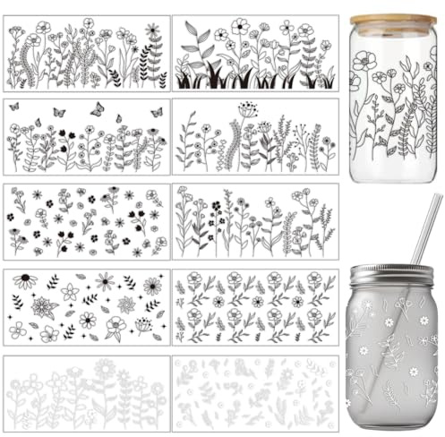 arricraft 10 Blatt UV DTF Becherfolien Für 16 OZ Glasbecher 10 Stile Weiße Wildblumen Massive Wildblumen Abziehbilder PVC Transferaufkleber Wasserfeste Abziehbilder Für Tassen Möbel