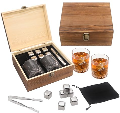 Beowanzk Whiskey Glas Geschenkset, Whiskey Glas, Whisky Geschenkset Whisky Gläser 2er Set, Kommt mit 6 wiederverwendbaren Whisky Edelstahl Kühlsteinen, Holzbox Verpackung