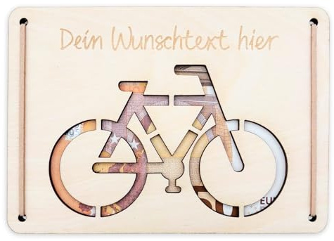 DEL MÀ Unique & Personal Geldgeschenk Fahrrad Geburtstag Wunscherfüller personalisierte Geldkarte Geld Verpackung Geburtstagskarte Geschenkkarte aus Holz 12x17 cm