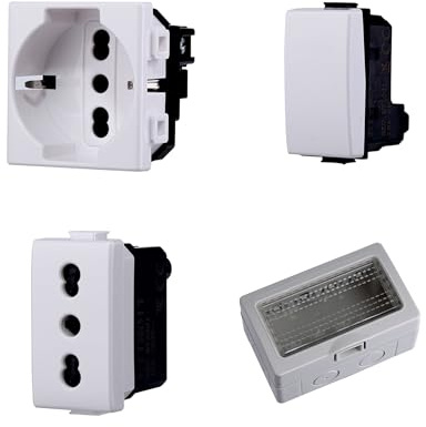 Cassetta Elettrica IP55, Completa Di Frutti Compatibile Con Bticino Matix, 4 Moduli Presa Schuko + Bipasso + Interruttore, Scatola Con Coperchio Da Muro Parete Esterno e Interno