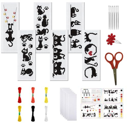FREEBLOSS 6 Set Kreuzstich Lesezeichen Set Gestempeltes Schwarze Katze Stickset Mit Anleitung Für Erwachsene 6x20cm