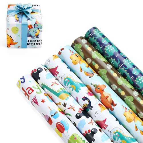 6 Rollen Geschenkpapier mit Bunt Dino Set für Kinder Baby Mädchen Junge Jungs, Cool DIY Edel Dinosaurier Happy Birthday Packungen Geschenkverpackung Papier für Jungen Geschenk Geburtstag Taufe 50X70cm