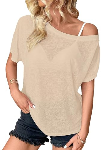 JDEEO See Through Tops for Women Sexy Mesh Sheer Shirts Short Sleeve Off Shoulder Summer Blouse Apricot Medium