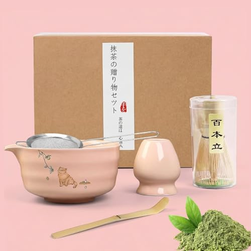 Matcha Set Rosa 5-Delat, Matcha Kit med Visp, Skål & Sikt | Med bambuvisp, sked, skål, visphållare och sil i rostfritt stål, enkel att vispa till fint skum, för matchaälskare