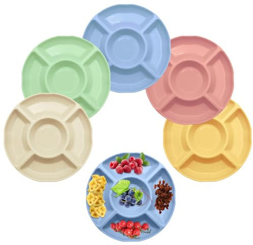 LXBCTOP 5 stycken snackstallrikar med 5 fack, snackstallrikar barn, plast sötsaker tallrik snacksskål, frukttallrik plast mellanmålstallrik, tallrik med uppdelning, stapelbar snackskål