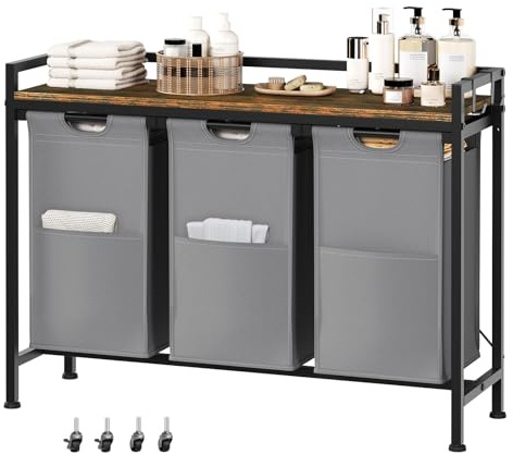 EUGAD Wäschekorb, Wäschesammler ausziehbar abnehmbar, Oxford-Stoff-Wäschesack, 3 x40 L Fächer, Wäschewagen mit Rollen Ablage, Haken, Metallrahmen, Schlafzimmer Waschküche, 97x71x30 cm, Schwarz