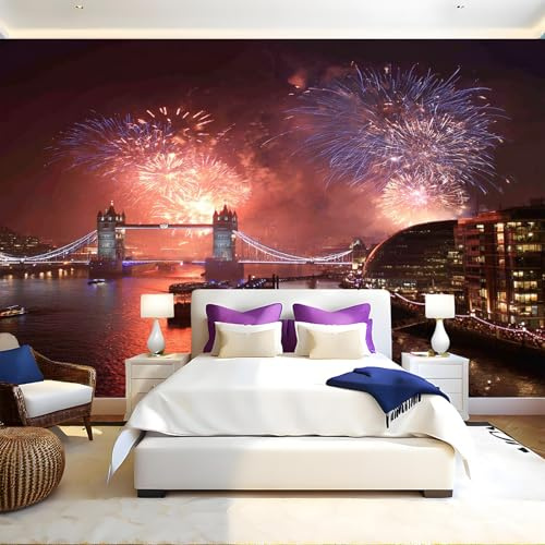 Fotomurales Fuegos artificiales del Puente de Londres Papel Pintado 250x175 cm Fotográfico Tejido No Tejido Fondo de Pantalla Mural Decoración de Pared Sala Cuarto Oficina Salón