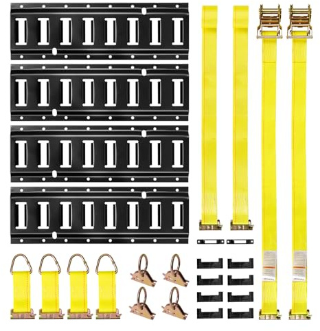VEVOR Kit de 4 Rieles de Amarre E-Track de 0,4 m, con 2 Correas de Trinquete, 4 Juntas Tóricas, 4 Correas de Amarre con Anilla en D, 2 Ranuras Individuales, 8 Tapas de Extremo y 1 Bolsa, Negro