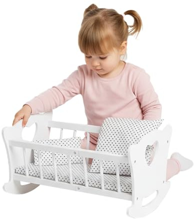 Puppenwiege aus Holz mit Bettwäsche – Puppenbett mit Matratze, Kissen & Decke, Schaukelwiege für Puppen bis 49,5 cm, Holzspielzeug für Mädchen ab 3 Jahren