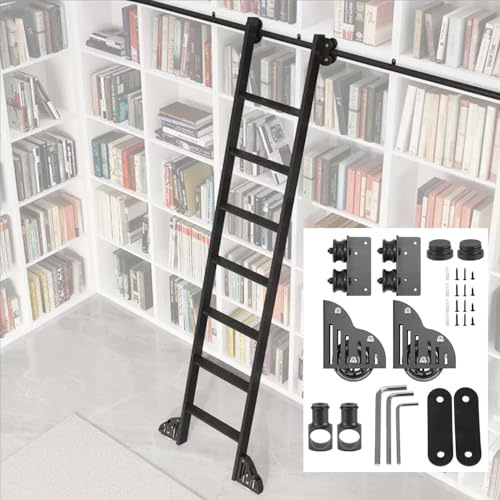 Teleskopisk biblioteksstege handverktygssats mobil 1 7,3 m runt skensystem med bromshjul och väggmontering, justerbart spårkit för enkel åtkomst och förvaring.