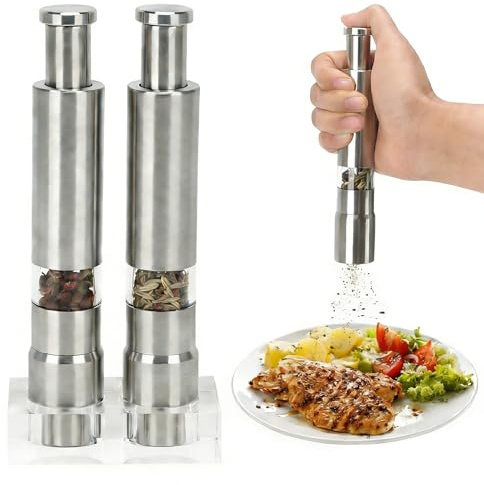 Salt and Pepper Grinder Set of 2, Stainless Steel Thumb Button Peppermill with Base Manual Refillable Thumb Press Grinder Set for Black Pepper Sea Salt Spice