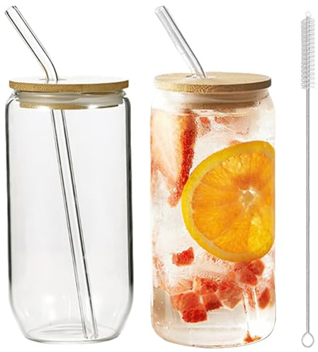 Juego de 2 vasos de té de burbujas: vasos de 500 ml con 2 tapas, 2 pajitas y 1 cepillo, vasos de cristal con tapa, vasos de café helado, vasos para batidos, cócteles, cervezas