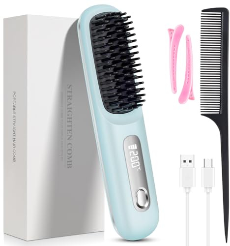 Go Brush Pro, 2026 Cordless Hair Straightener Brush for Travel 3 Adjustable Temperature Portable USB Charging Straightener Suitable for All Hair Types (Blue)
