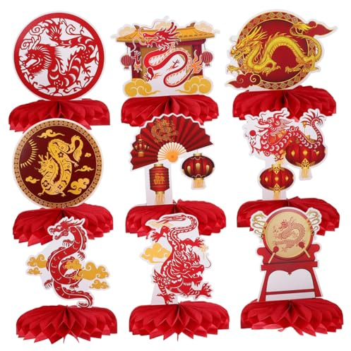 Warmhm Décorations en Nid d'abeille pour Fête Nouvel an Chinois 9 Pièces, Ornement en Papier à Thème Dragon, Accessoire Déco Table, Couleur Rouge et Or, Décoration Festive Maison