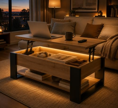 Xinyvee Mesa de Centro Elevable con Almacenamiento y Compartimento Oculto, Mesa de Salón Estilo Industrial Roble y Negro, Mesa de Café Regulable en Altura para Salón, 92x50 cm