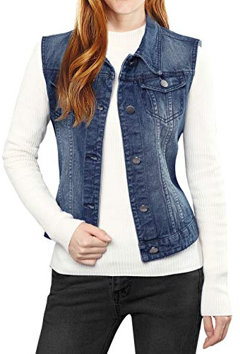 Allegra K Women's Buttoned Washed Denim Vest Jacket W Chest Flap Pockets Dark Blue M