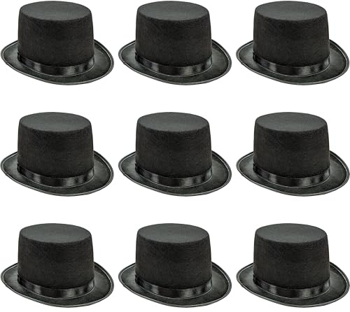 9 x Black Top Hats – Bulk Pack Fancy Dress Costume Top Hat for Adults – Unisex Size for Men & Women – Ideal for Steampunk Victorian Edwardian Magician Ringmaster Theatre Dance Cosplay & Events Props