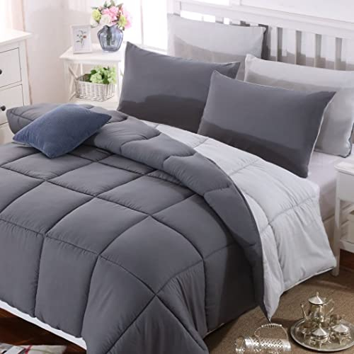 QZY Bettdecke 135 x 200 cm - Quilted Steppbettdecke antiallergisch für Allergiker 100% Microfaser 4 Jahreszeiten Bettdecke Double Face Dunkelgrau/Hellgrau