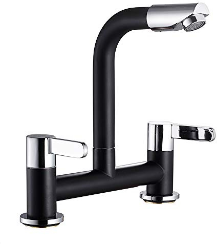 Ghopy Dual Lever Kitchen taps Mixers 2 Hole Deck Mounted Cold and Hot Mixer Tap Modern 360° Swivel Spout Brass Basin Black Faucet with UK Standard Fittings (Black)