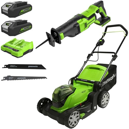 Greenworks 2x24V Tondeuse à gazon sans fil , 36cm largeur , avec batterie 2x2Ah et chargeur + Greenworks GD24RS Scie Sabre Sans Fil avec Moteur Sans Balais, SANS Batterie Ni Chargeur, Garantie 3 Ans