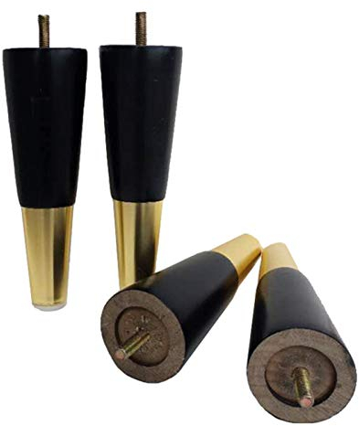 4x Holz Möbelfüsse Massivholz Möbelfüße Tischbeine Möbelbeine mit Gold Messing Abdeckung Vorgebohrten M8 Bolzen für Sofa Bett Schrank Stuhl,Schwarz