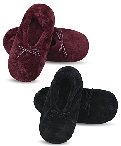 DICUIRD Ballerina House Slippers for Women, Anti-Skid Comfy Warm Ballet Style Slippers(Black&Wine,8-10)