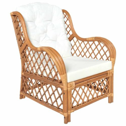 vidaXL Sessel mit Kissen Relaxsessel Rattansessel Relaxstuhl Loungesessel Armsessel Ohrensessel Sofa Wohnzimmer Hellbraun Natur-Rattan Leinen