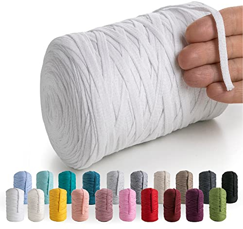 MeriWoolArt® Baumwollgarn Band Weiß - 10mm T-Shirt Band Garn für Stricken, Makramee, Häkeln, Weben, Geschenkband - 150 m Baumwollband (Weiß)