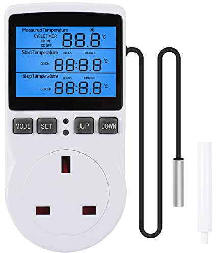 Digital Temperature Controller, Plug-in Thermostat Socket Outlet with Backlight, LCD Screen Heating Cooling Temperature Timer Switch, 230 V 16A Thermostat for Greenhouse Aquarium Farm Terrarium