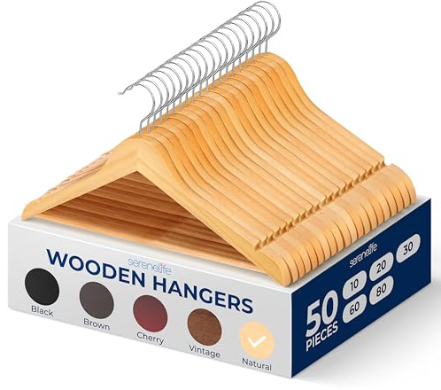 SereneLife Wood Hangers - Space Saving Heavy Duty Slim Suit Clothes Hanger Set with 360 Degree Swivel Metal Hook, Can Hold Up to 4.5 kg, for Coats, Jackets, Pants & Dress (50 Pieces)