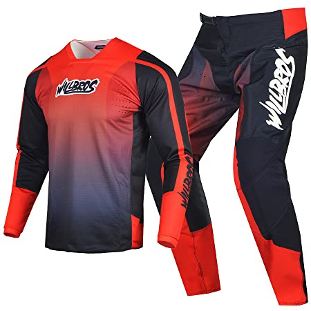 Willbros Completo Maglia e Pantaloni da Motocross Uomo Donne Enduro Set di Ingranaggi MX Fuori Strada Equitazione Adulto AbbigliaUominito da Corsa Nero Rosso (Maglia L Pantaloni 34)