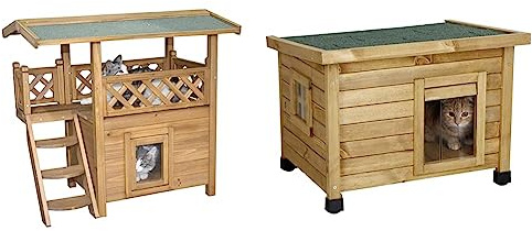 Kerbl Katzenhaus „Lodge“ aus lasiertem Holz & Katzenhaus Rustica aus Holz, Schwingtüre mit Lamellen, Plexiglasfenster, Höhenverstellbare Kunststofffüße, Braun/Grün, 57 x 45 x 43 cm