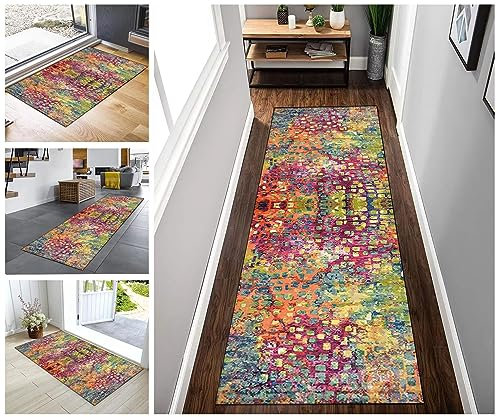 Teppich Läufer Flur rutschfest Küchenteppich Modern Bunt Waschbar Dauerhaft, Küchenläufer Küche Esszimmer Flur Waschküch Meterware Anpassbar
