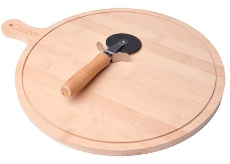Cloober Tabla de madera para pizza y cortador pizzas, plato para pizza con cortador (30 cm diametro)