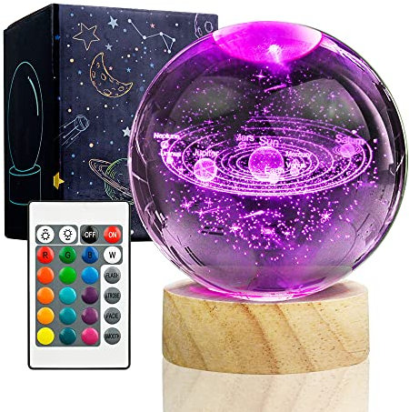 Luz nocturna de bola de cristal con sistema solar 3D con base de madera LED de 16 colores, lámpara de bola de cristal de planetas galaxia mejorada de 3.15 pulgadas con control remoto, decoración de