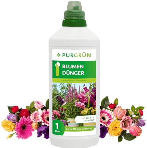 Purgrün® Blumendünger 1 Liter – Extra Phosphor für prächtige Blüten – Spurennährstoffe fördern gesundes Wachstum – Ergiebiges Konzentrat für bis zu 400 Liter Gießwasser – Premium-Flüssigdünger