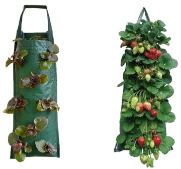 RZXBB 2 Stück Erdbeeren Pflanzsack- Hängend Pflanzen Tasche Pflanzbeutel Für Erdbeeren Und Kleingemüse - Grow Tasche Mit Griffe Und 8 Seitliche Anbautaschen Pflanzsäcke Für Knoblauch Zwiebeln Kräuter