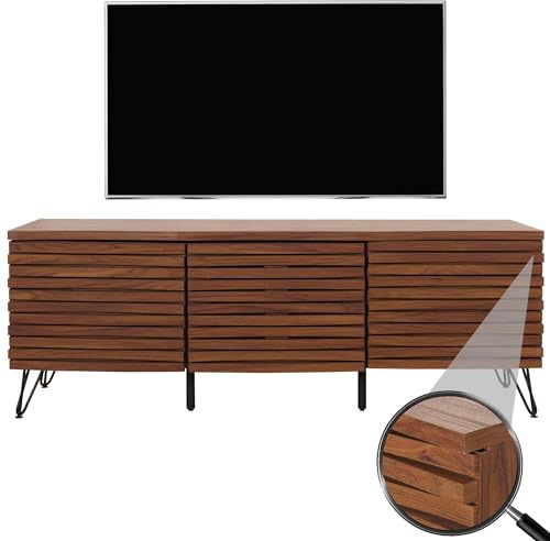 Mendler TV-Rack HWC-M49 MDF Metall 52x142x44cm - Walnuss-Optik | Lowboard, TV-Schrank, 3D-Design, Staufächer