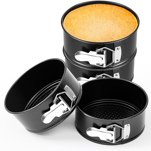 Funnymoom 4 Pcs 6 Inch Non Stick Springform Pan with Removable Bottom Carbon Steel Round Springform Cheesecake Pan with Stainless Steel Spring Buckles for Baking Kitchens Restaurant(Black)