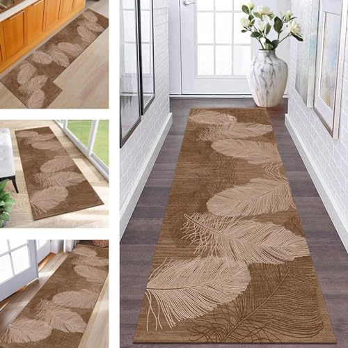ZESEWU Teppich Läufer Flur Küche Waschbar rutschfest Korridor Teppichmatten 80X200CM Braun Abstrakt Küchenteppich Flurteppich Schlafzimmer Esszimmer Polyester Teppichläufer Meterware Anpassbar